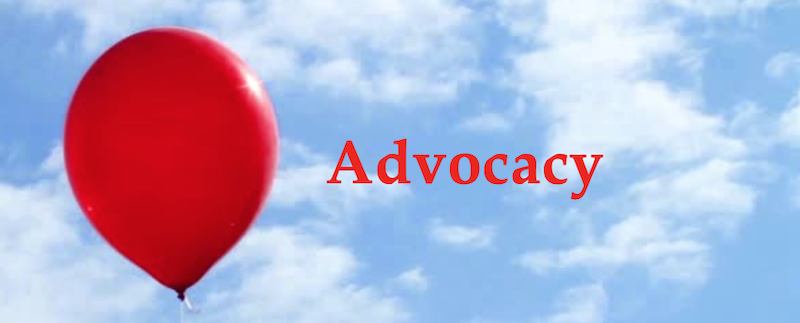 Red balloon in a cloudy sky with red text saying “Advocacy”