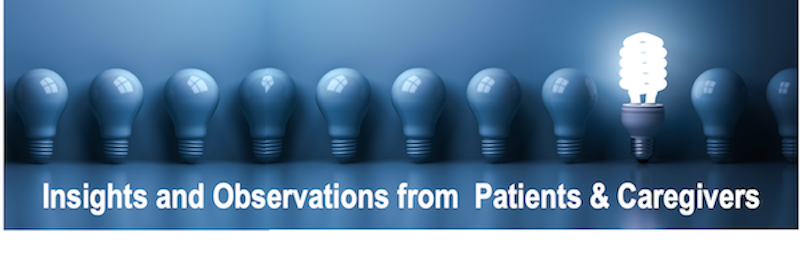 Line of globe lightbulbs and one lit spiral lightbulb with “Insights and Observations from Patients & Caregivers” text